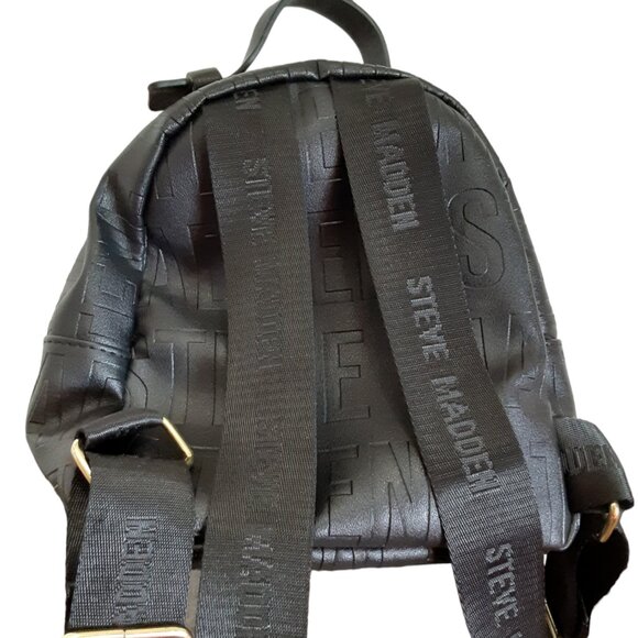 Steve Madden Mini Backpack Purse Black All Over Logo Faux Leather LN - Picture 4 of 5